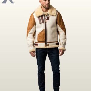 A double-sided product shot of a men's off-white winter bomber jacket with a thick cream-colored shearling lining.