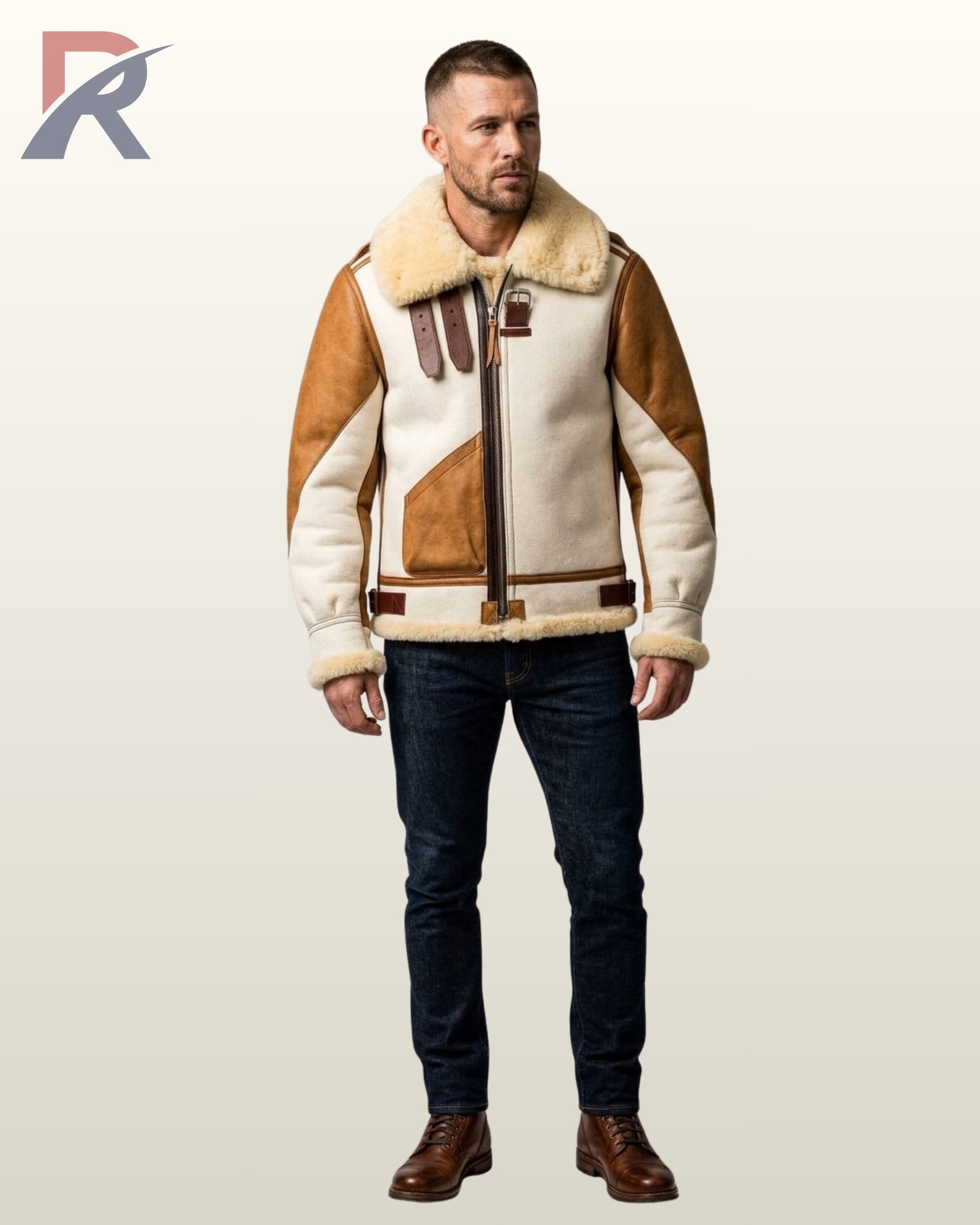 A double-sided product shot of a men's off-white winter bomber jacket with a thick cream-colored shearling lining.