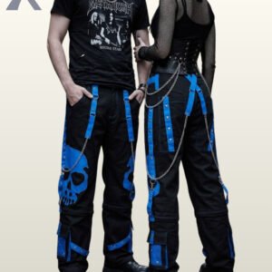 Black gothic cargo pants featuring a royal blue skull print, contrast straps, and hanging metal chains.