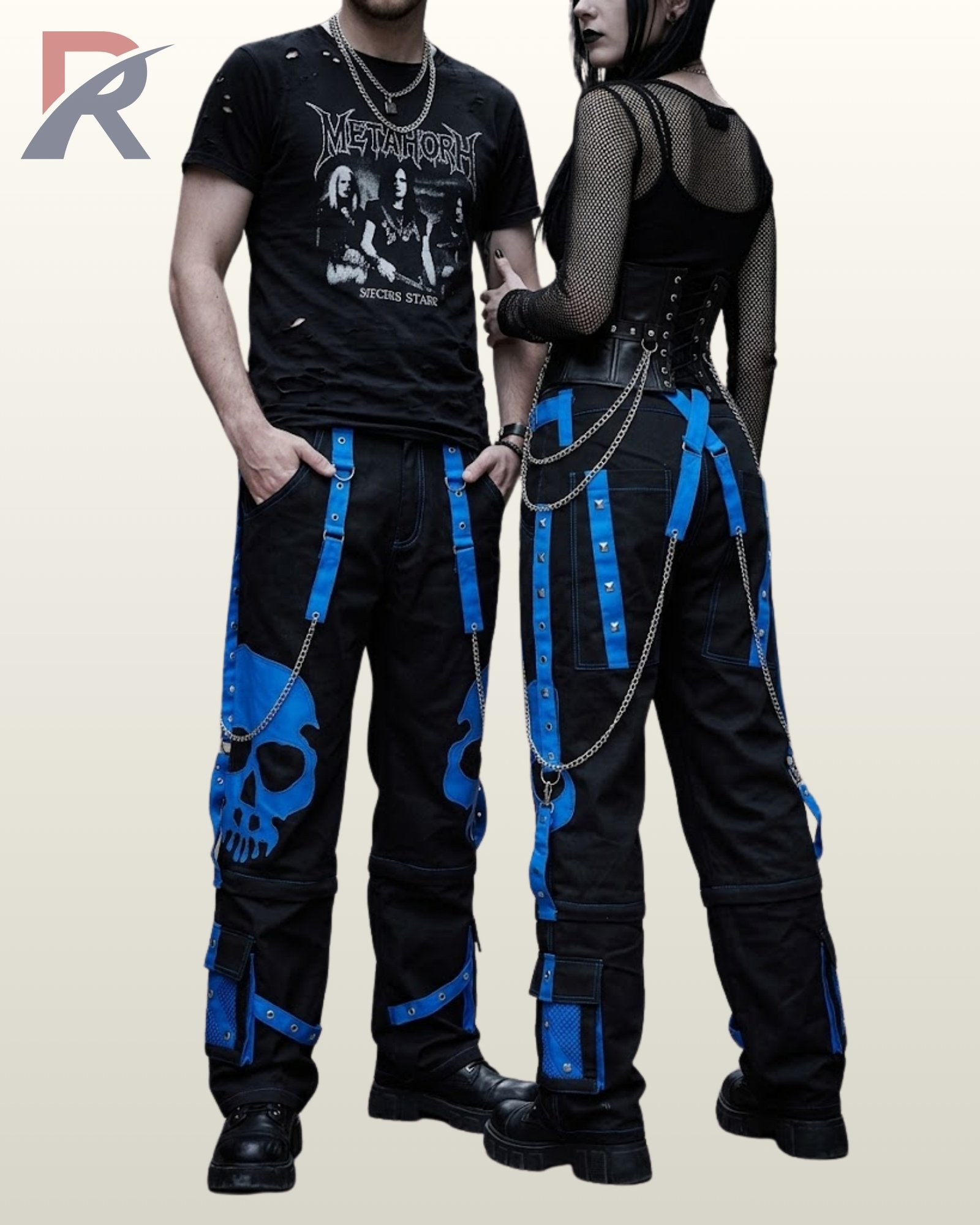 Black gothic cargo pants featuring a royal blue skull print, contrast straps, and hanging metal chains.