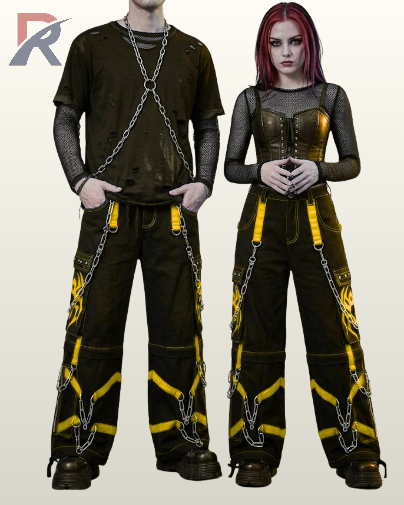 Baggy alternative style black cargo trousers styled with vibrant yellow contrast straps and metal D-rings.
