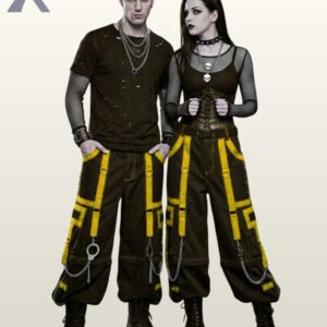 Punk rock inspired baggy black trousers with neon yellow strap details and silver chain accents.