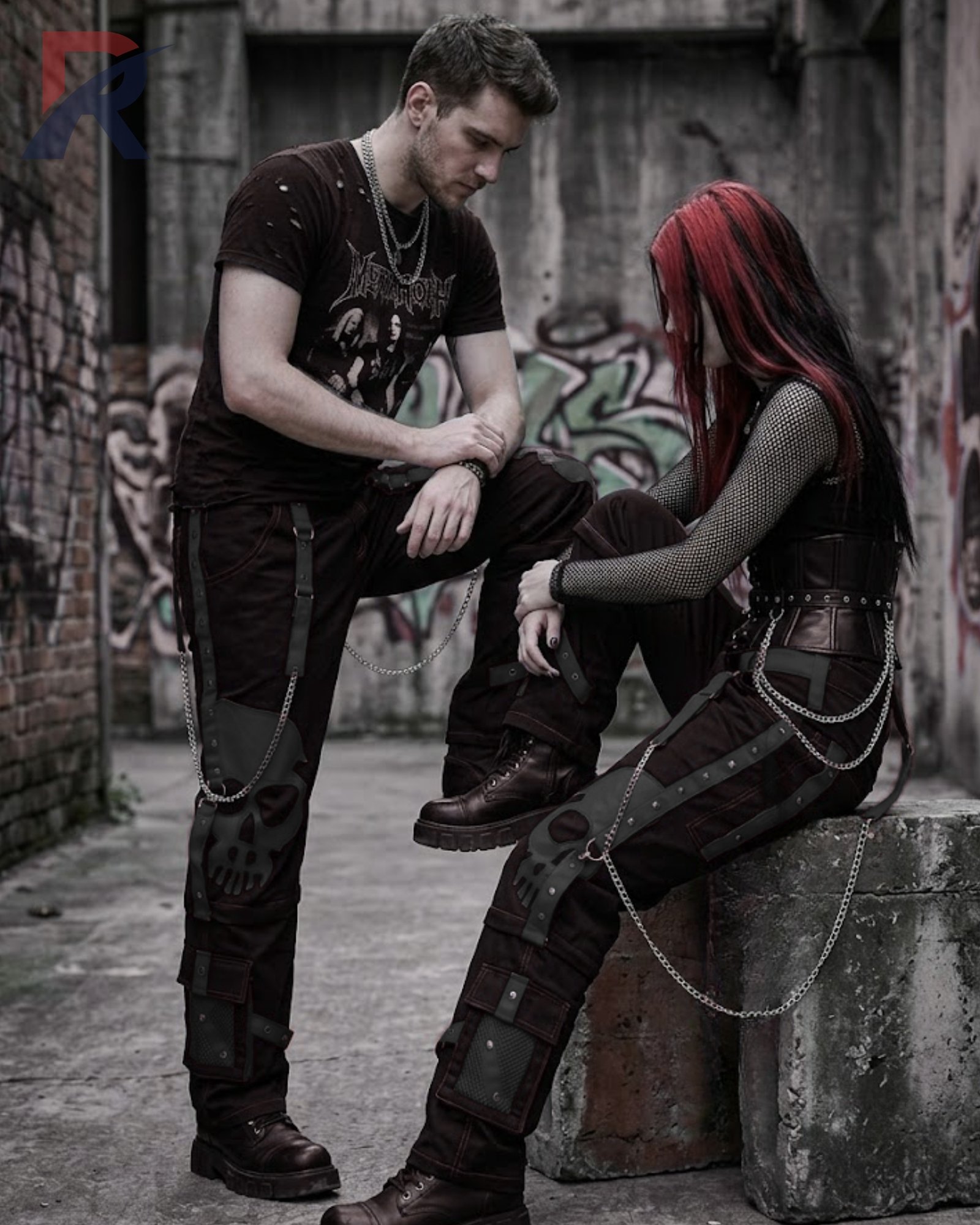 Baggy alternative all-black trousers styled with subtle grey skull overlays and chain links.
