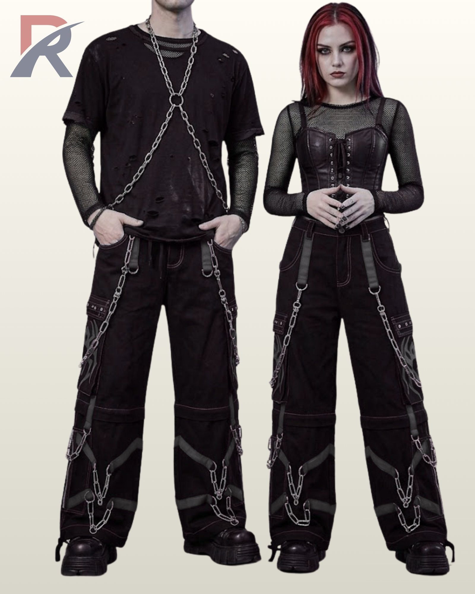 Baggy alternative black trousers styled with subtle dark grey cross straps and zipper pockets.