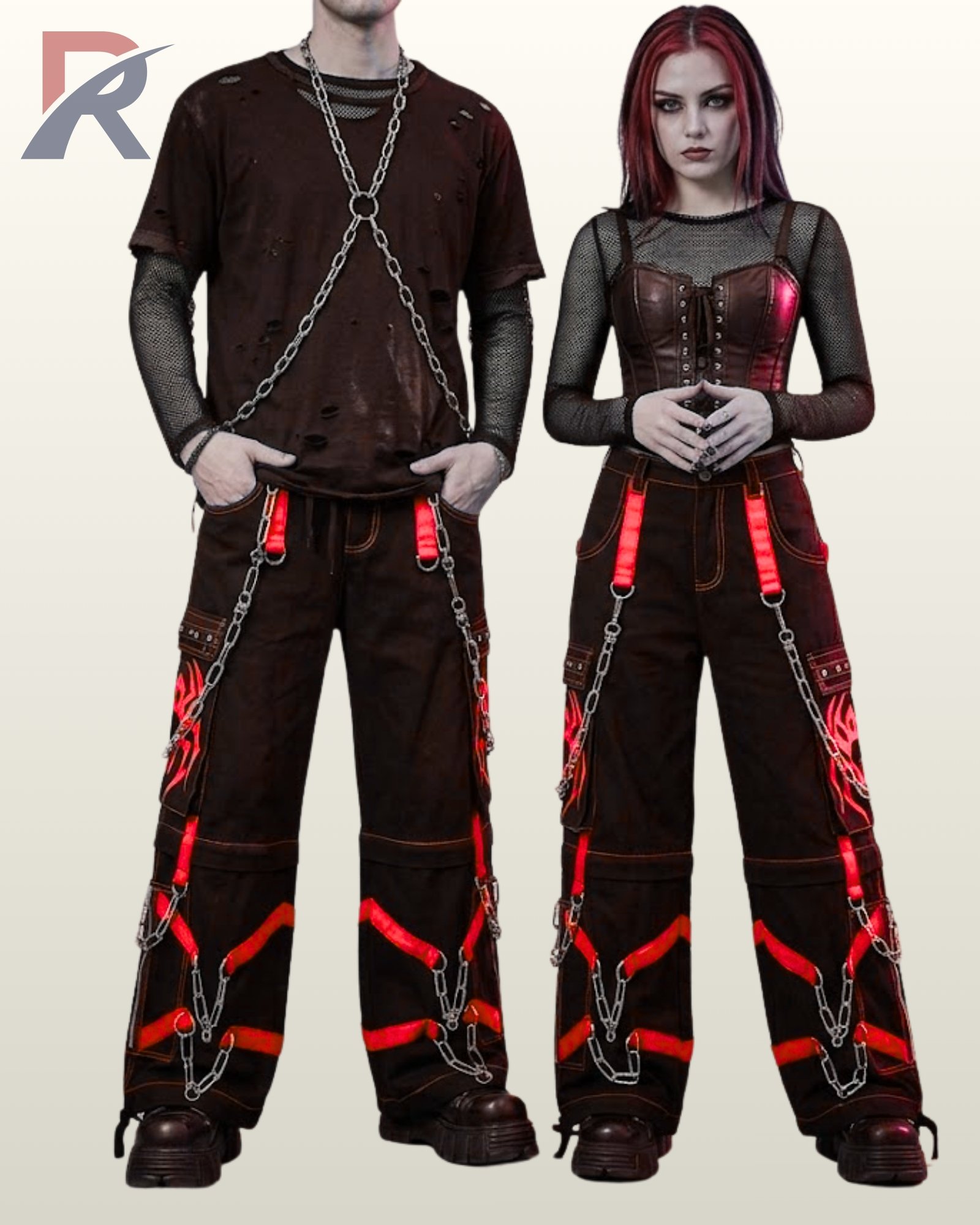 Wide-leg alternative black trousers detailed with bright red contrast straps and silver D-rings.