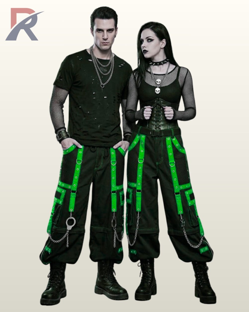 Unisex cyber goth wide-leg trousers featuring bright lime green webbing, D-rings, and metal hardware.