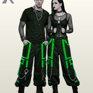 Unisex cyber goth wide-leg trousers featuring bright lime green webbing, D-rings, and metal hardware.