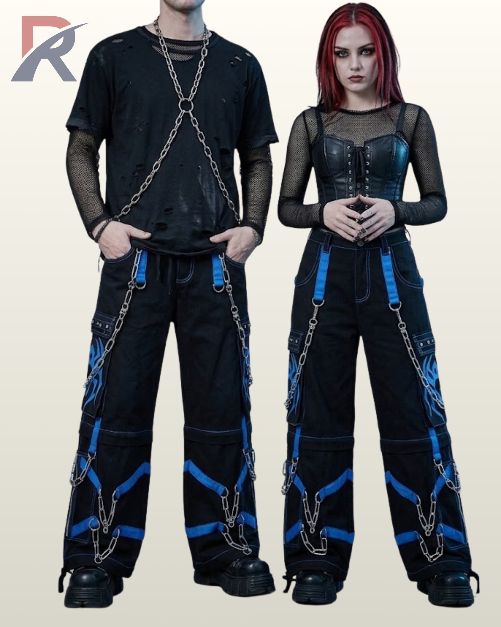 Gothic couple wearing loose black cargo pants detailed with blue tribal graphic pockets.