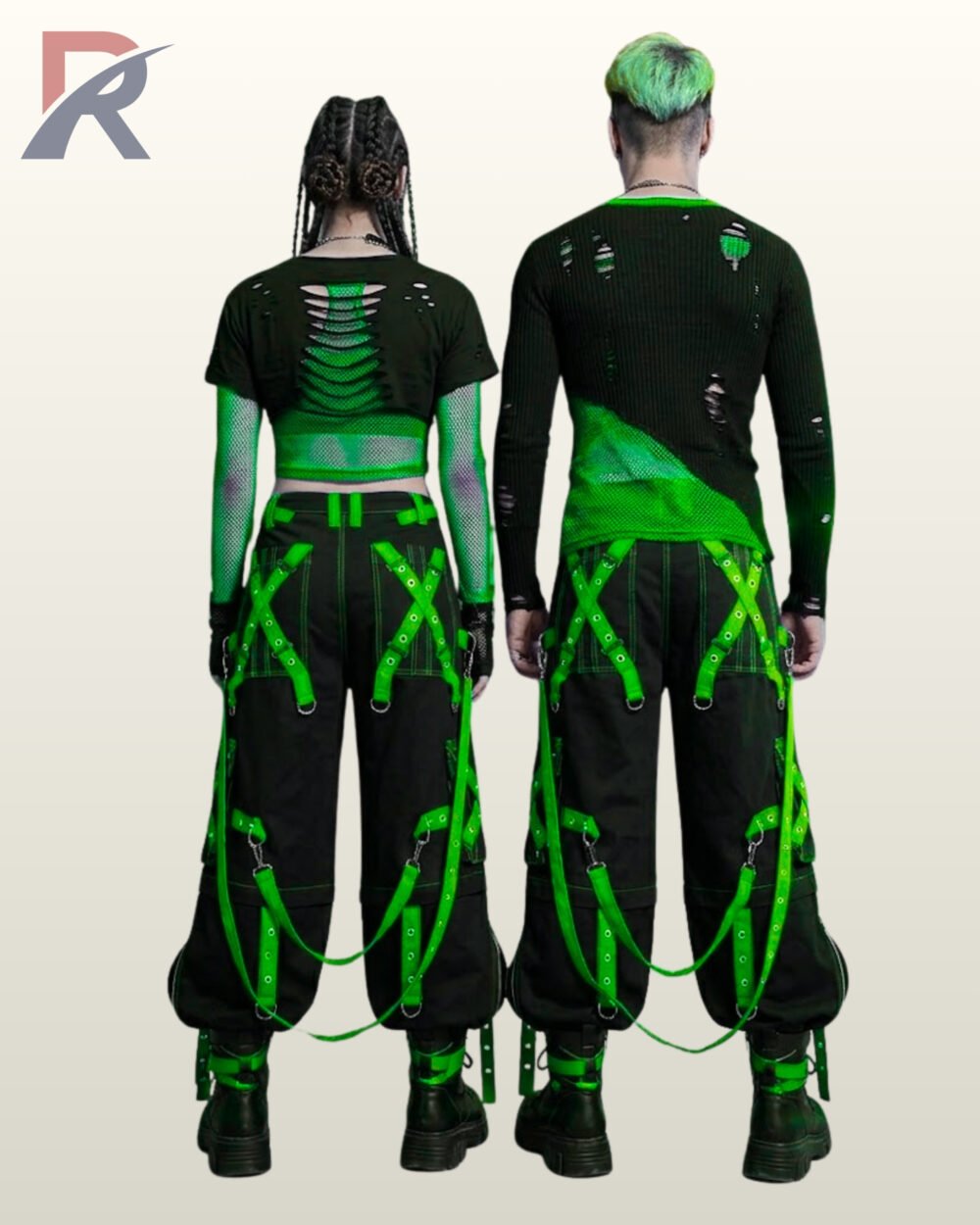 Back perspective of unisex gothic raver cargo trousers with neon green metal-grommet straps, contrast green stitching, and black platform boots.