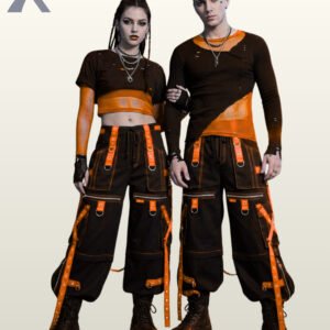 Full front model view of a couple wearing black cyberpunk cargo pants featuring bright pumpkin orange grommet straps, front zipper pockets, and contrast orange stitching.