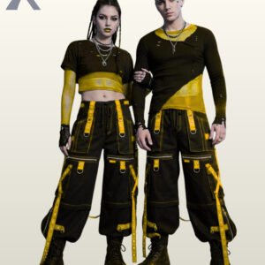 Full front model view of a male and female wearing black cyberpunk cargo pants featuring bright yellow grommet straps, contrast yellow stitching, and D-ring hardware.