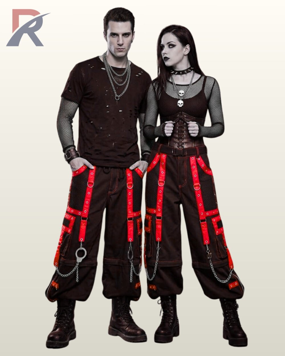 Front and back view of unisex black cyber goth pants with vibrant red strap details and chain links.