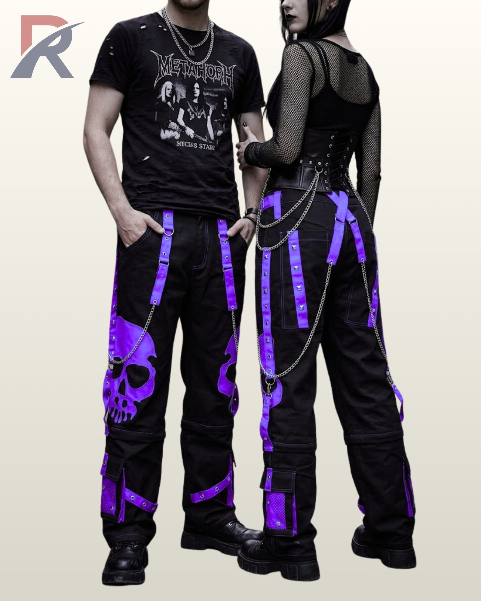 Front and back view of unisex cyber goth pants with bold purple webbing and metal studs.