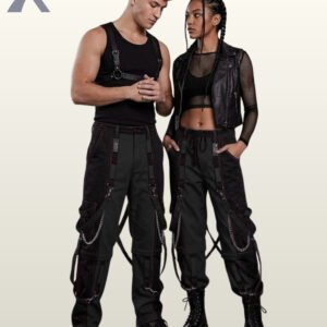 Couples catalog shot of monochromatic black and dark grey cyberpunk raver cargo trousers featuring hanging D-ring straps, side chains, and combat boots.