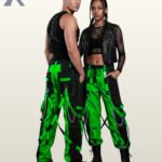 Full model view of a male and female wearing black and toxic neon green two-tone gothic bondage cargo pants with hanging silver chains and buckle straps.