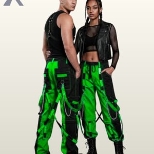Full model view of a male and female wearing black and toxic neon green two-tone gothic bondage cargo pants with hanging silver chains and buckle straps.