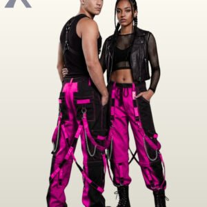 Full model view of a male and female wearing black and hot magenta pink two-tone gothic bondage cargo pants with hanging silver chains and D-ring straps.