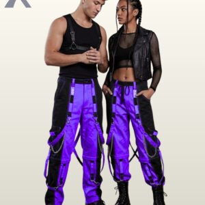Full model view of a male and female wearing black and royal purple two-tone gothic bondage cargo pants with silver chains and D-ring strap accents.