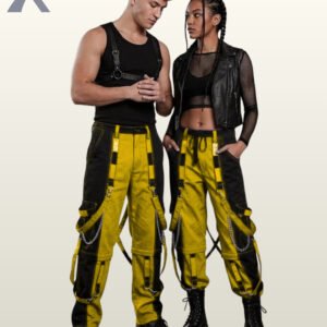 Couples catalog display of two-tone yellow and black cyberpunk raver trousers featuring hanging D-ring bondage straps, side chains, and combat boots.
