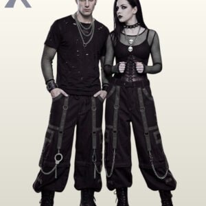 Alternative punk style loose black pants with military strap overlays and hanging chains.