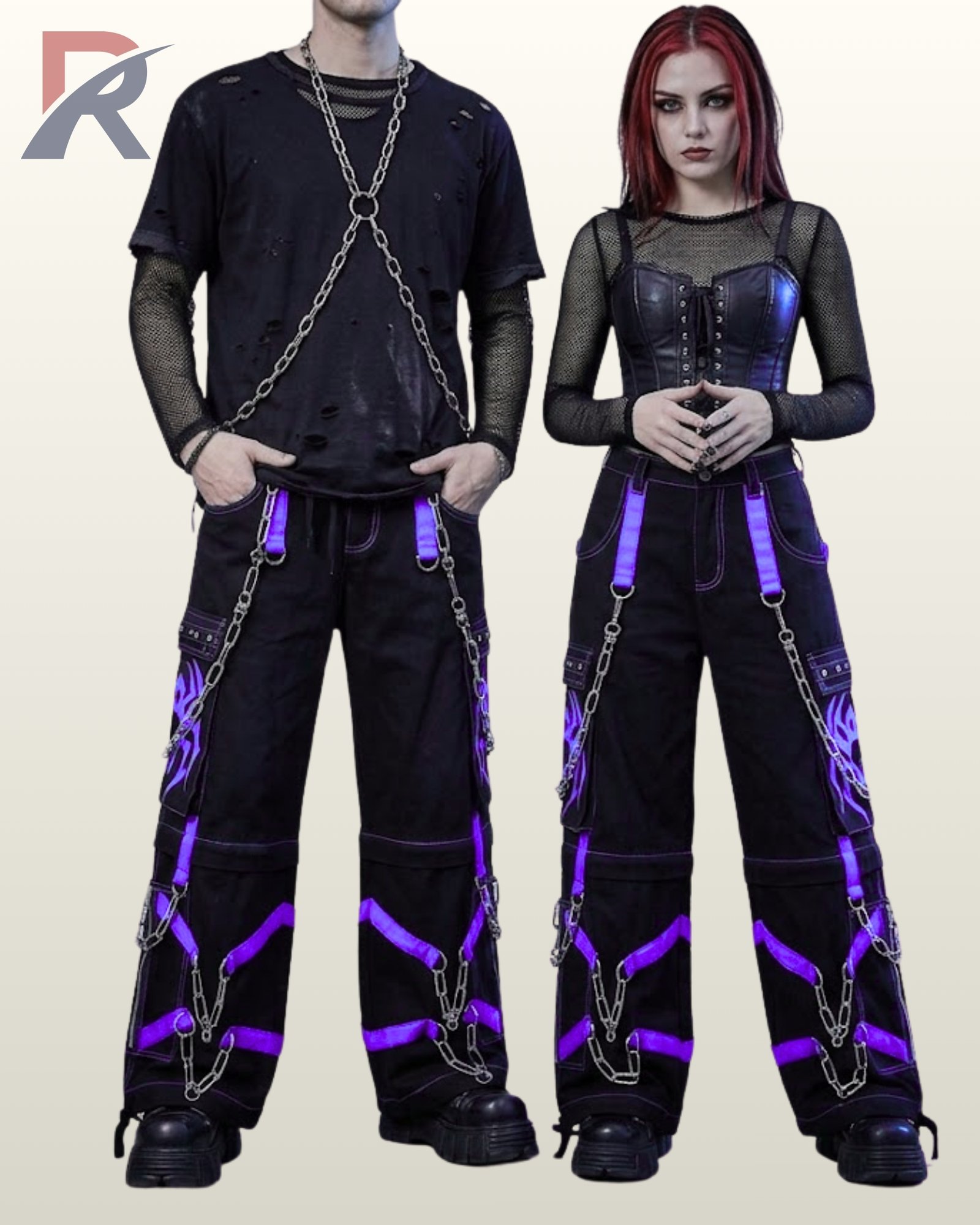 Darkwear baggy black bondage trousers with bright purple strap details and zipper pockets.