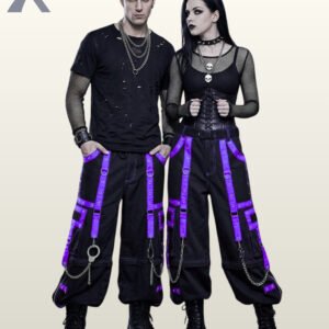 Full view of loose-fit punk style black cargo pants detailed with purple strap overlays.