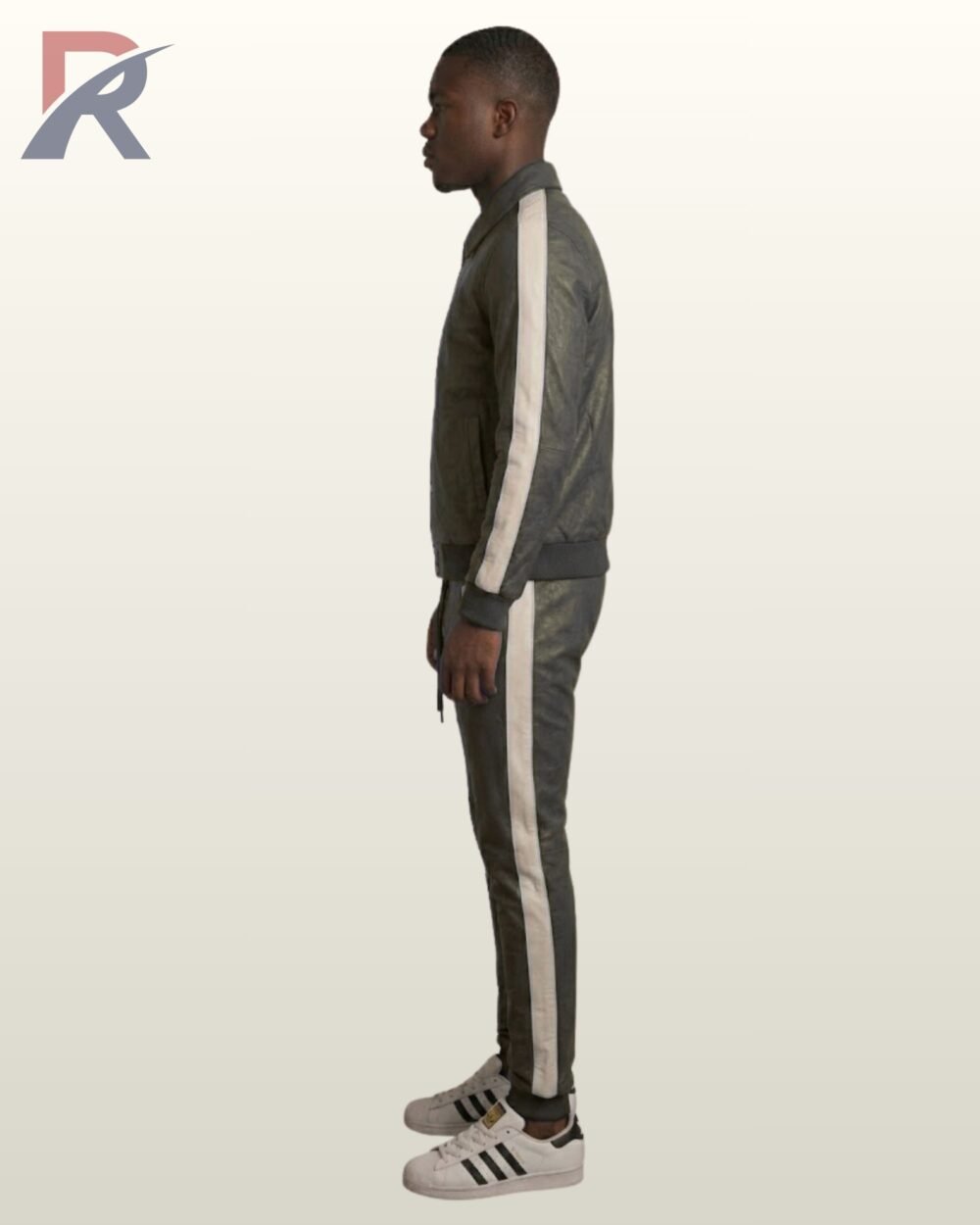 A premium gray leather matching streetwear set paired with white sneakers.