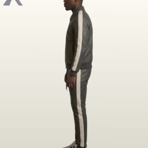 A premium gray leather matching streetwear set paired with white sneakers.
