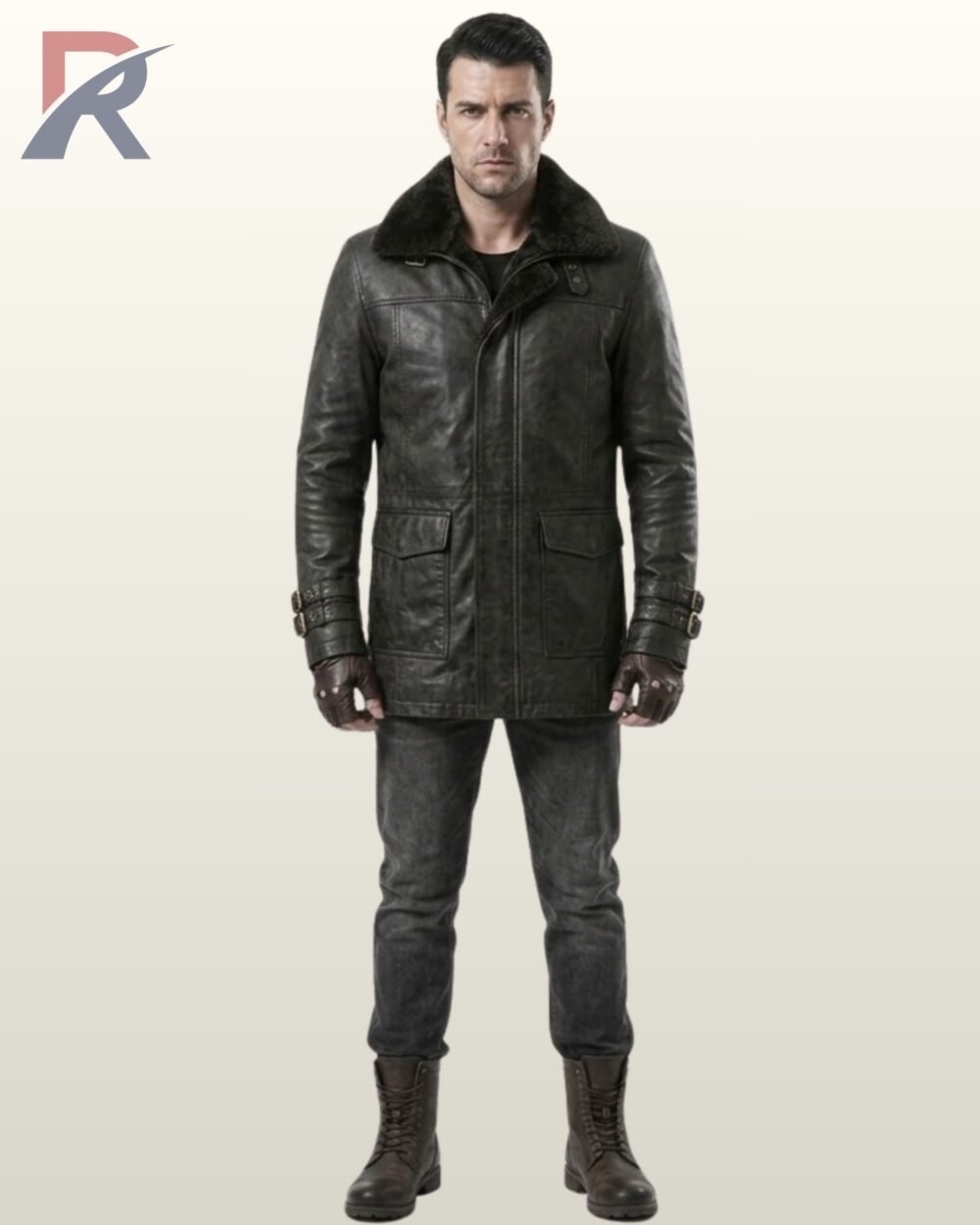 man standing full-length in a black leather double-breasted peacoat with a black fur collar.
