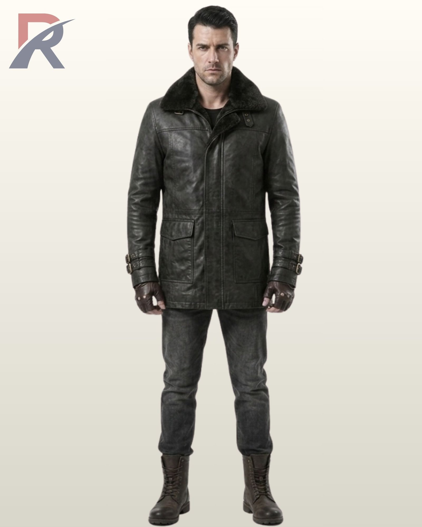 man standing full-length in a black leather double-breasted peacoat with a black fur collar.