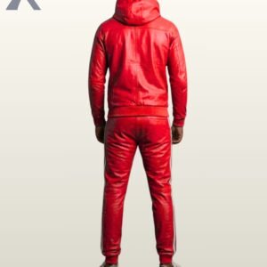 A luxury red leather matching activewear suit featuring distinct white athletic details.
