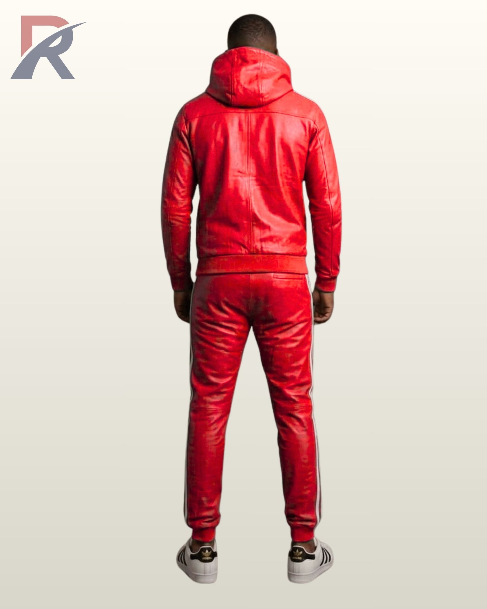 A luxury red leather matching activewear suit featuring distinct white athletic details.