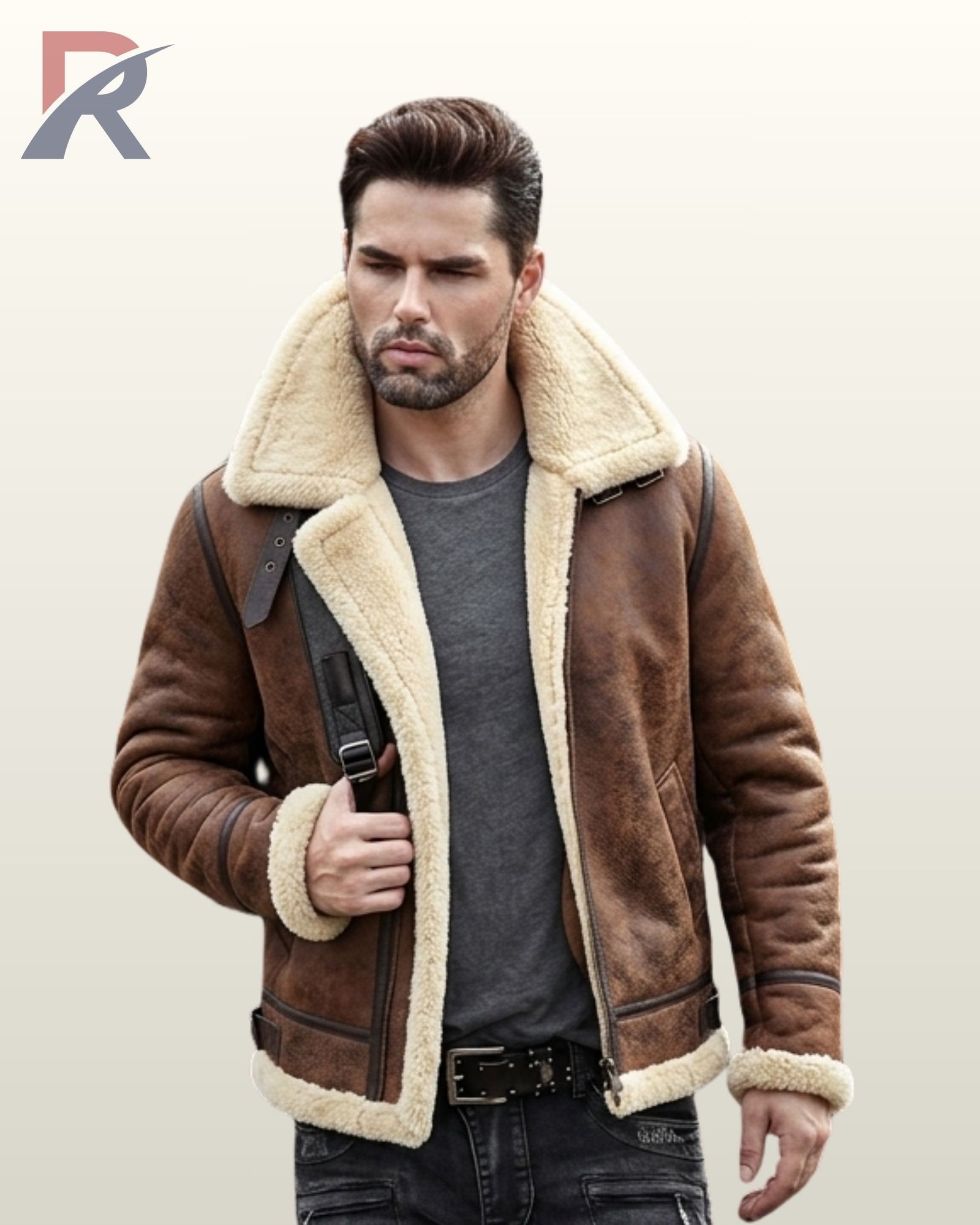 A close-up shot of a man modeling a vintage brown sheepskin shearling jacket featuring double buckle collar straps.
