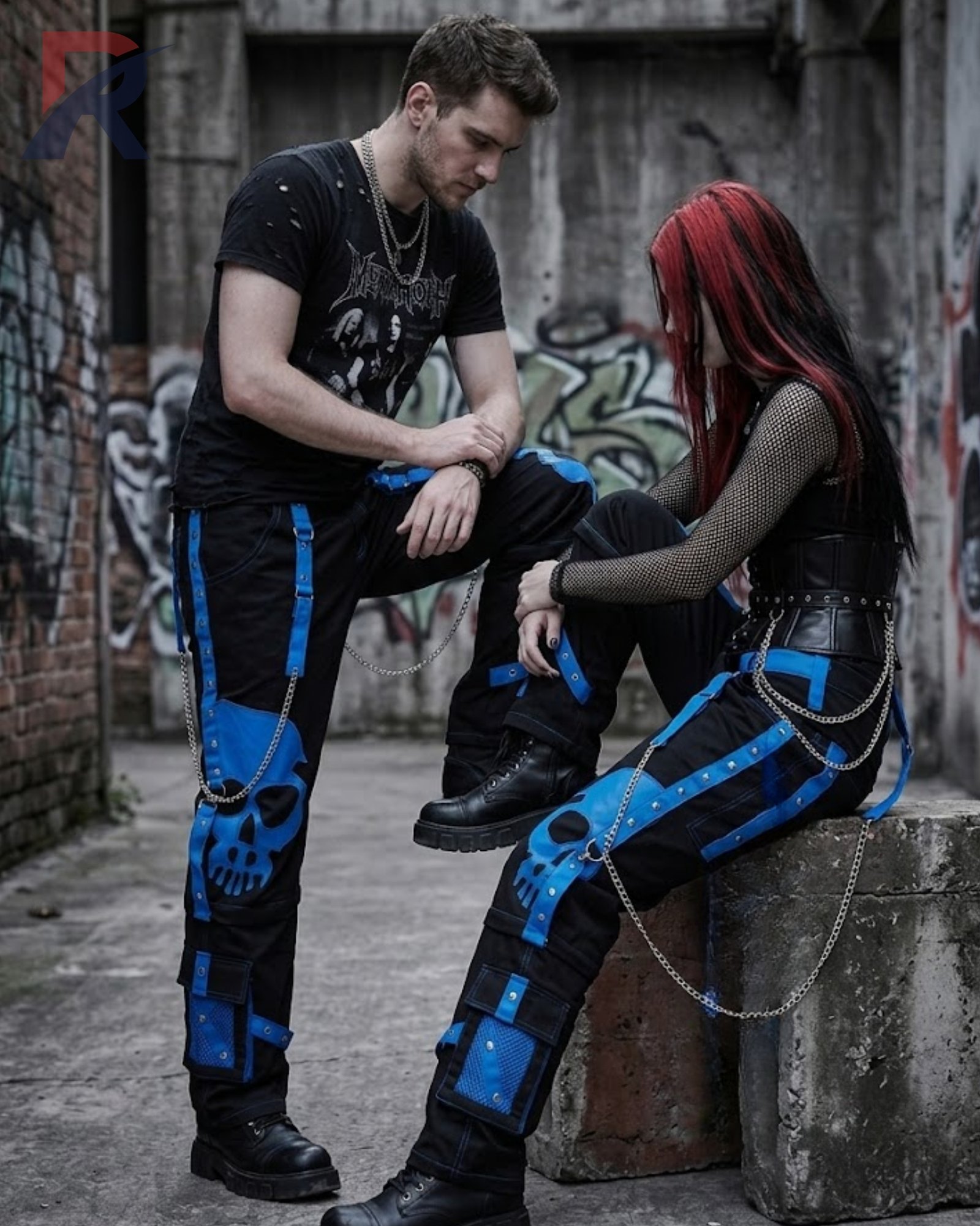 Baggy alternative black trousers styled with vibrant blue contrast straps and studded accents.