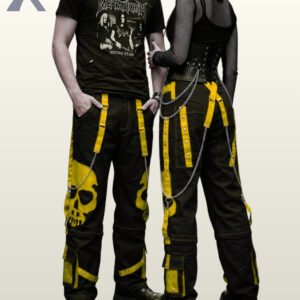 Front and back view of unisex cyber goth pants with yellow contrast webbing and chain links.