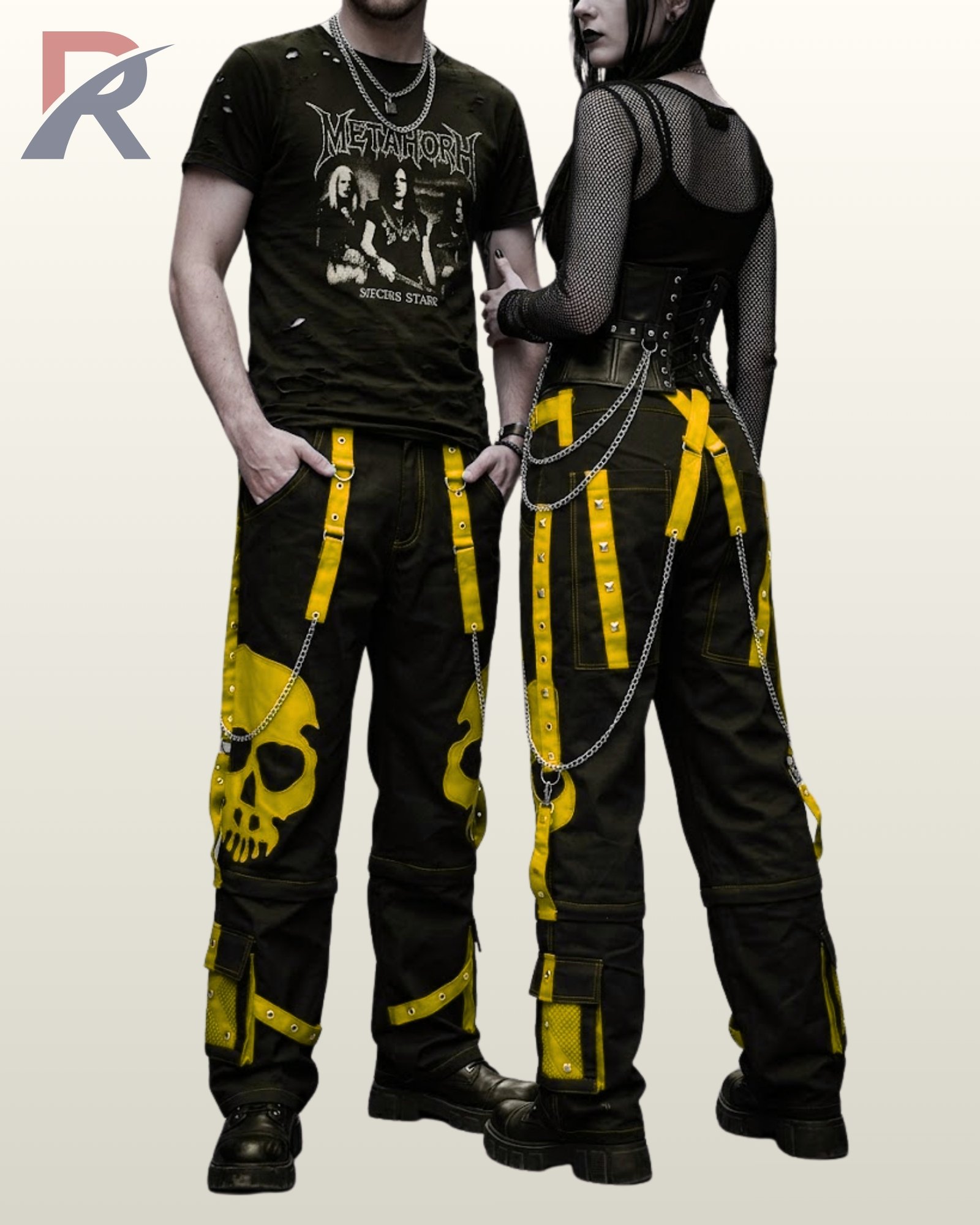 Front and back view of unisex cyber goth pants with yellow contrast webbing and chain links.