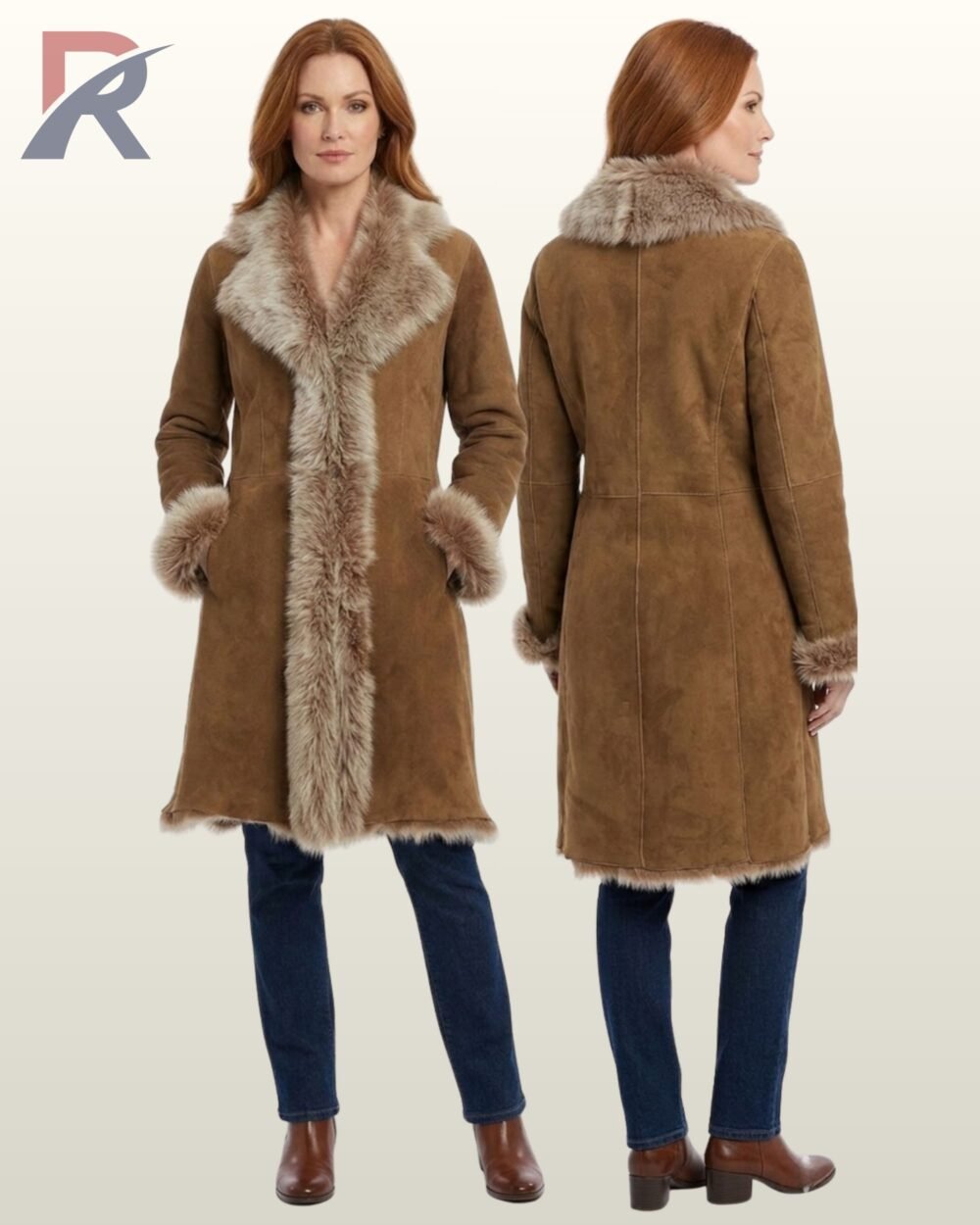 Front and back view of a woman wearing a long tan suede shearling coat with plush fur lining.