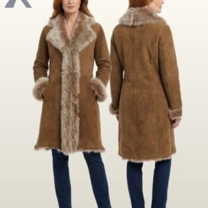 Front and back view of a woman wearing a long tan suede shearling coat with plush fur lining.