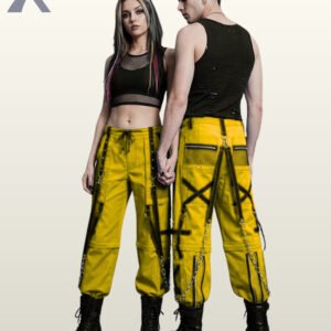 Couple wearing vibrant yellow gothic cargo bondage pants with black mesh pockets, cross straps, and metal chains.