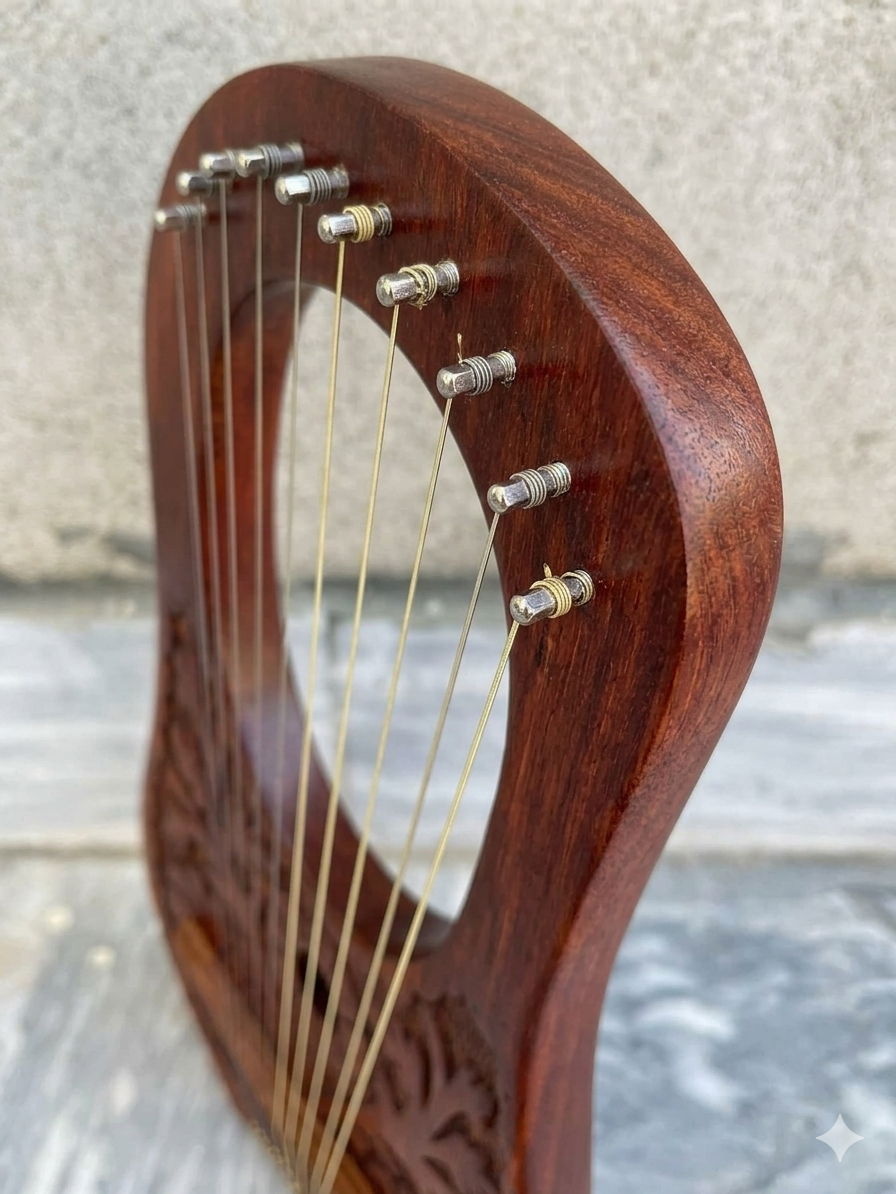 Angled close-up shot of the top arm of a rosewood lyre harp highlighting ten metal tuning pins wrapped with steel strings.