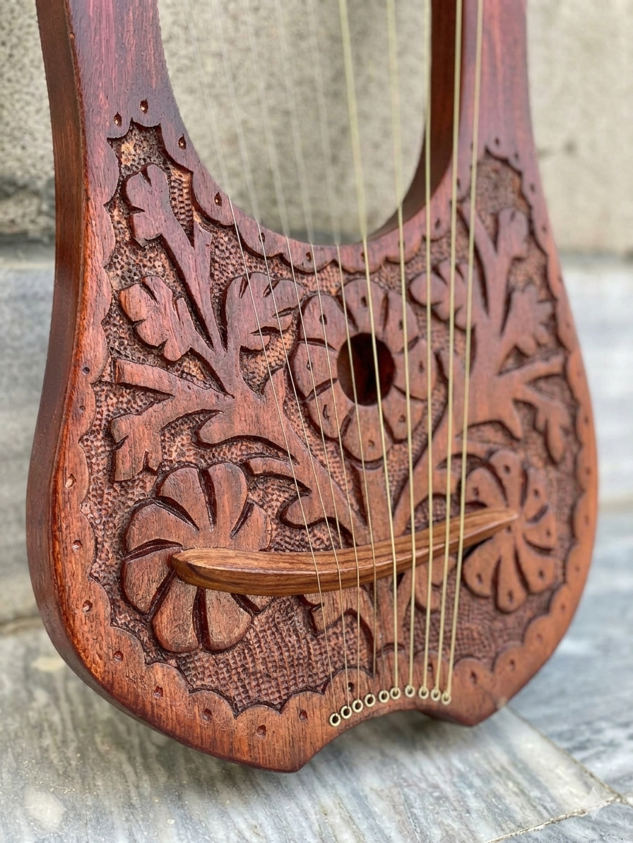 Close-up view of the soundboard of a 10-string rosewood lyre harp featuring hand-carved floral motifs, textured background, and a curved wooden bridge.