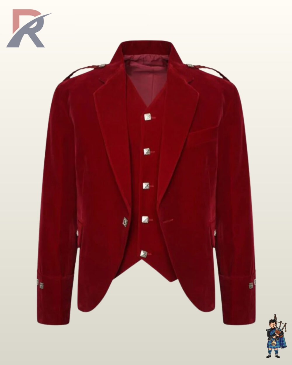 Front view of a men's maroon red velvet Argyle kilt jacket paired with a matching 5-button velvet waistcoat.