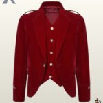 Front view of a men's maroon red velvet Argyle kilt jacket paired with a matching 5-button velvet waistcoat.