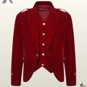 Front view of a men's maroon red velvet Argyle kilt jacket paired with a matching 5-button velvet waistcoat.