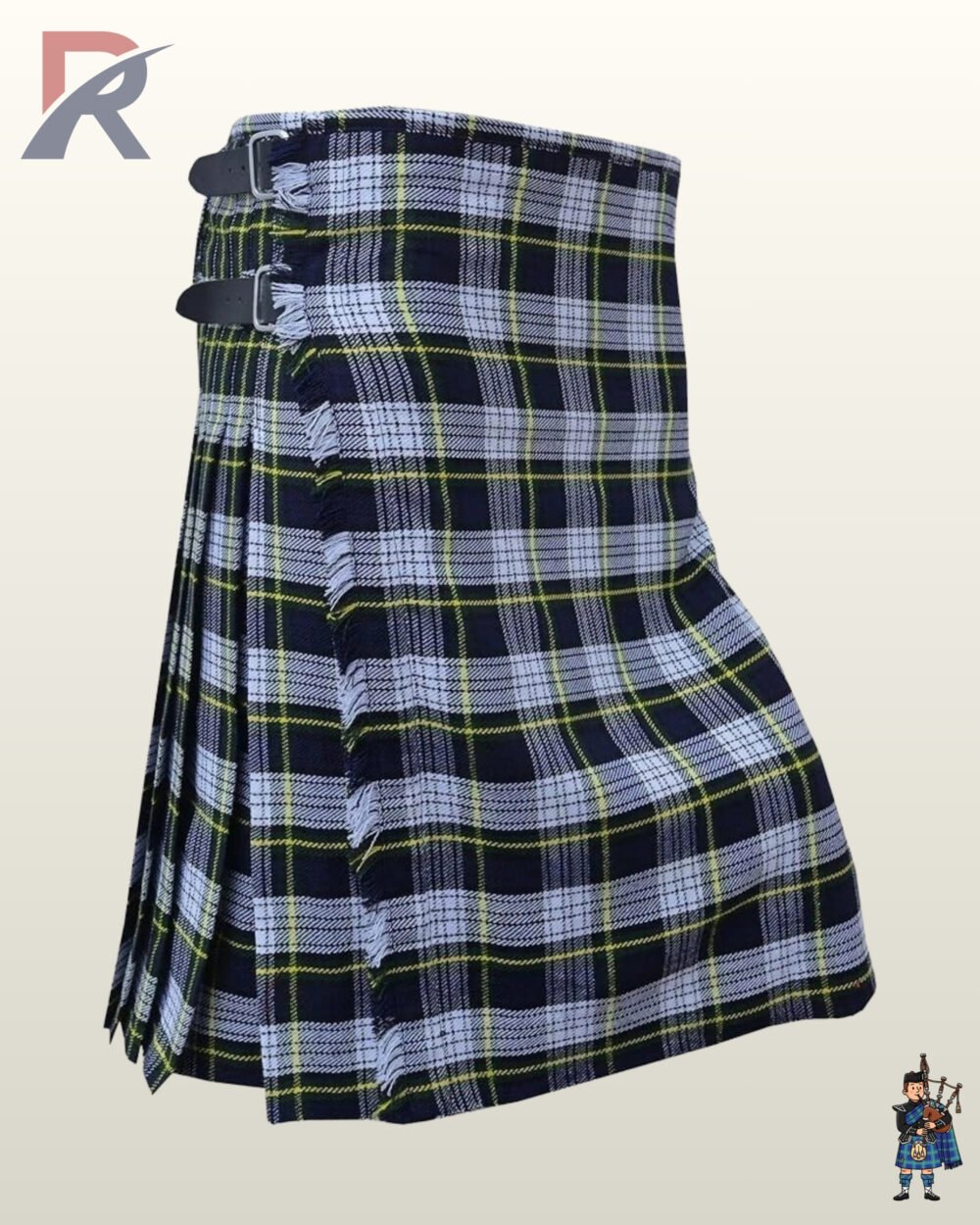 Classic Scottish Grey Stewart plaid kilt featuring a fringed front apron edge and side pleats.