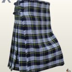 Classic Scottish Grey Stewart plaid kilt featuring a fringed front apron edge and side pleats.
