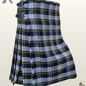 Classic Scottish Grey Stewart plaid kilt featuring a fringed front apron edge and side pleats.