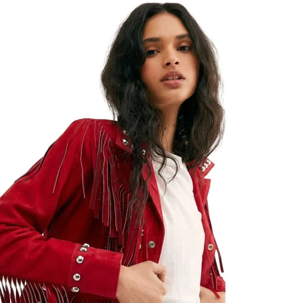 Red Suede Fringe Jacket Studded Western Cowgirl
