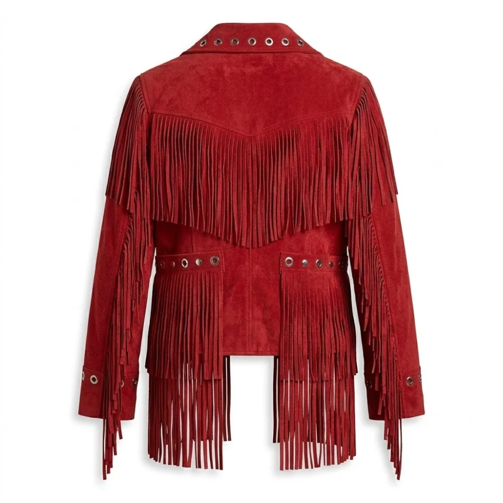 Red Suede Fringe Jacket Studded Western Cowgirl
