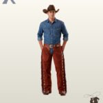 Men's western cowboy chaps crafted from reddish brown suede, styled with a denim shirt, brown felt hat, and silver engraved waist buckle.